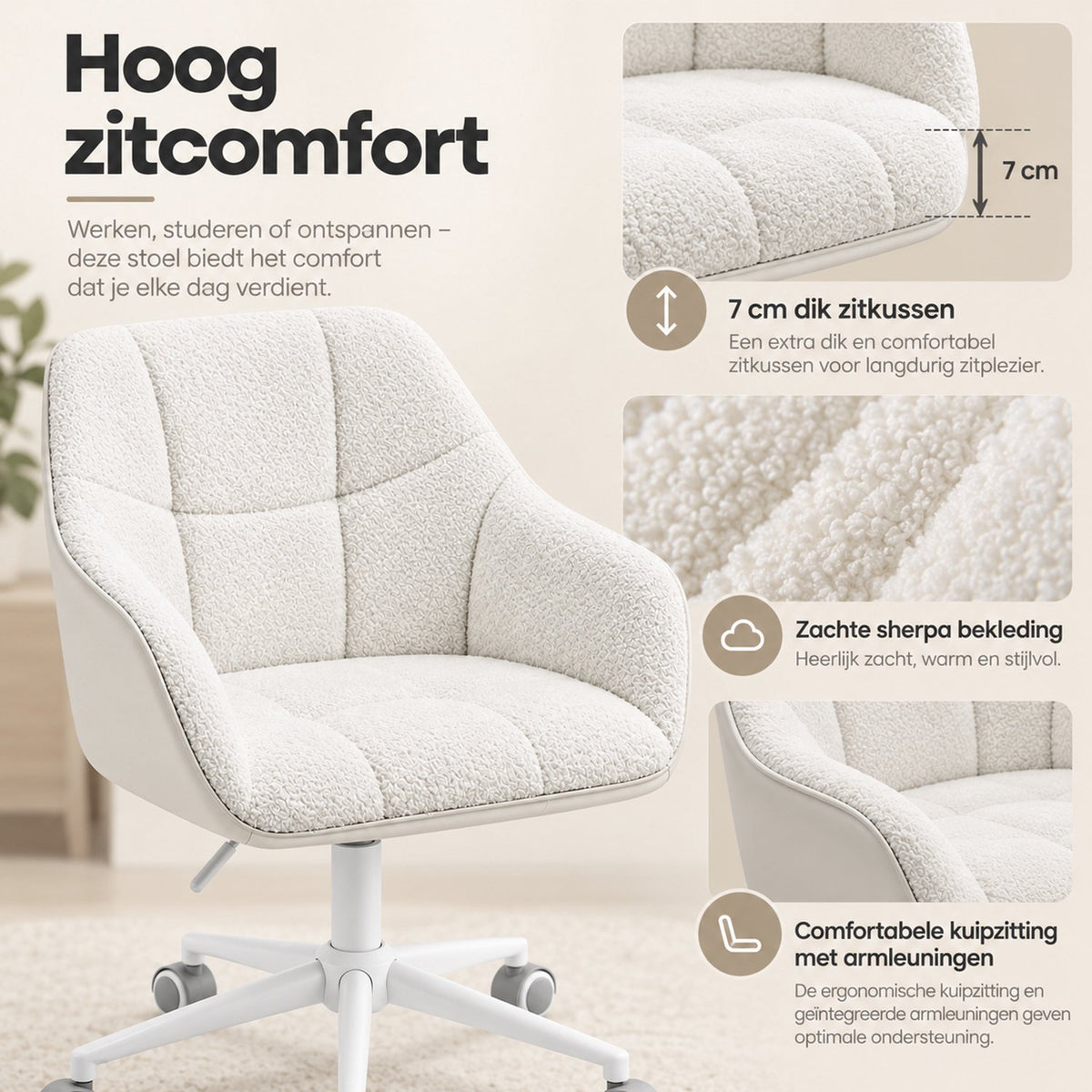 Bureaustoel – Bouclé/Sherpa – Draaibare Bureaustoel met Wielen – In Hoogte Verstelbaar – Kuipstoel – Wit