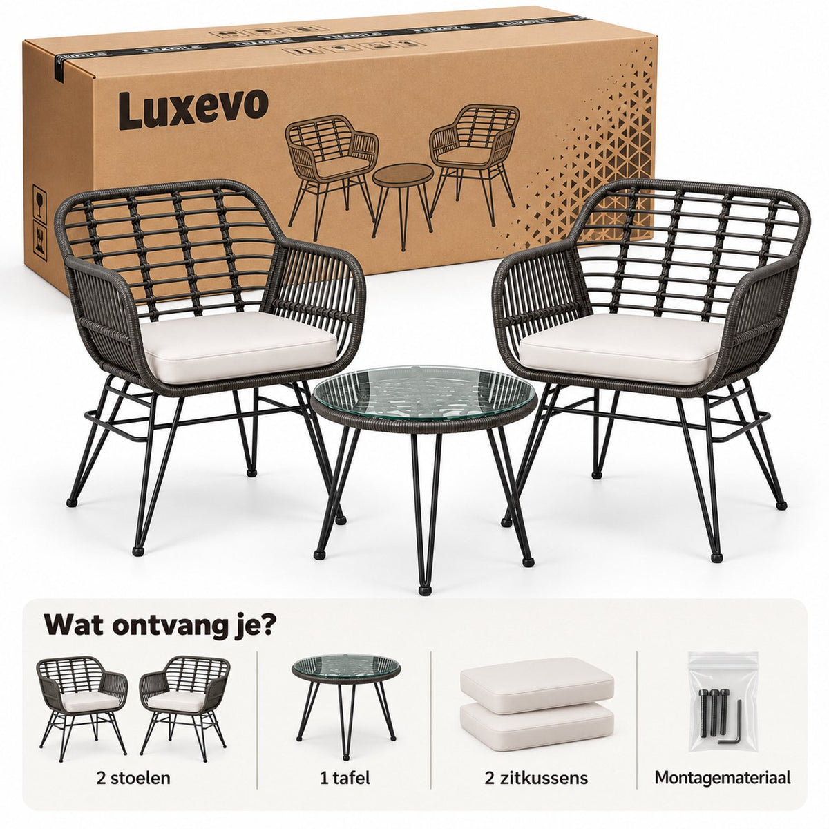 Bistroset 3 delig – 2 Rotan Tuinstoelen met Zitkussens & Tafel met Glazen Blad – Weerbestendige Balkonset – Grijs