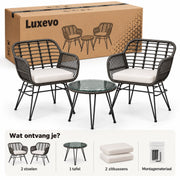 Bistroset 3 delig – 2 Rotan Tuinstoelen met Zitkussens & Tafel met Glazen Blad – Weerbestendige Balkonset – Grijs