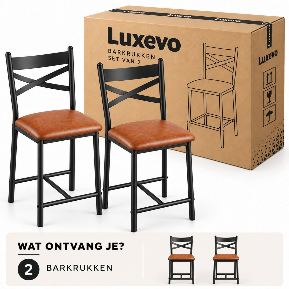 Barstoelen Set van 2 - Zithoogte 66 cm - PU Leren Zitting - Met Rugleuning en Voetsteun - Metalen Frame - Bruin