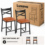 Barstoelen Set van 2 - Zithoogte 66 cm - PU Leren Zitting - Met Rugleuning en Voetsteun - Metalen Frame - Bruin