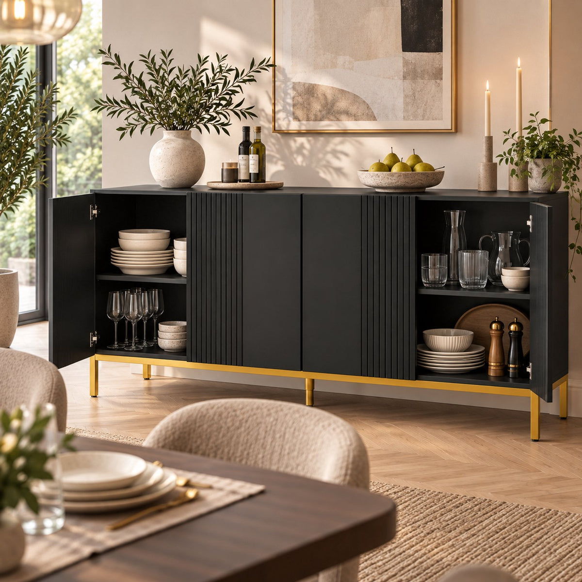Dressoir - 4 Deuren & Verstelbare Planken – Modern Buffetkast – Dressoir Kast – 140 x 40 x 75 cm – Zwart & Goud