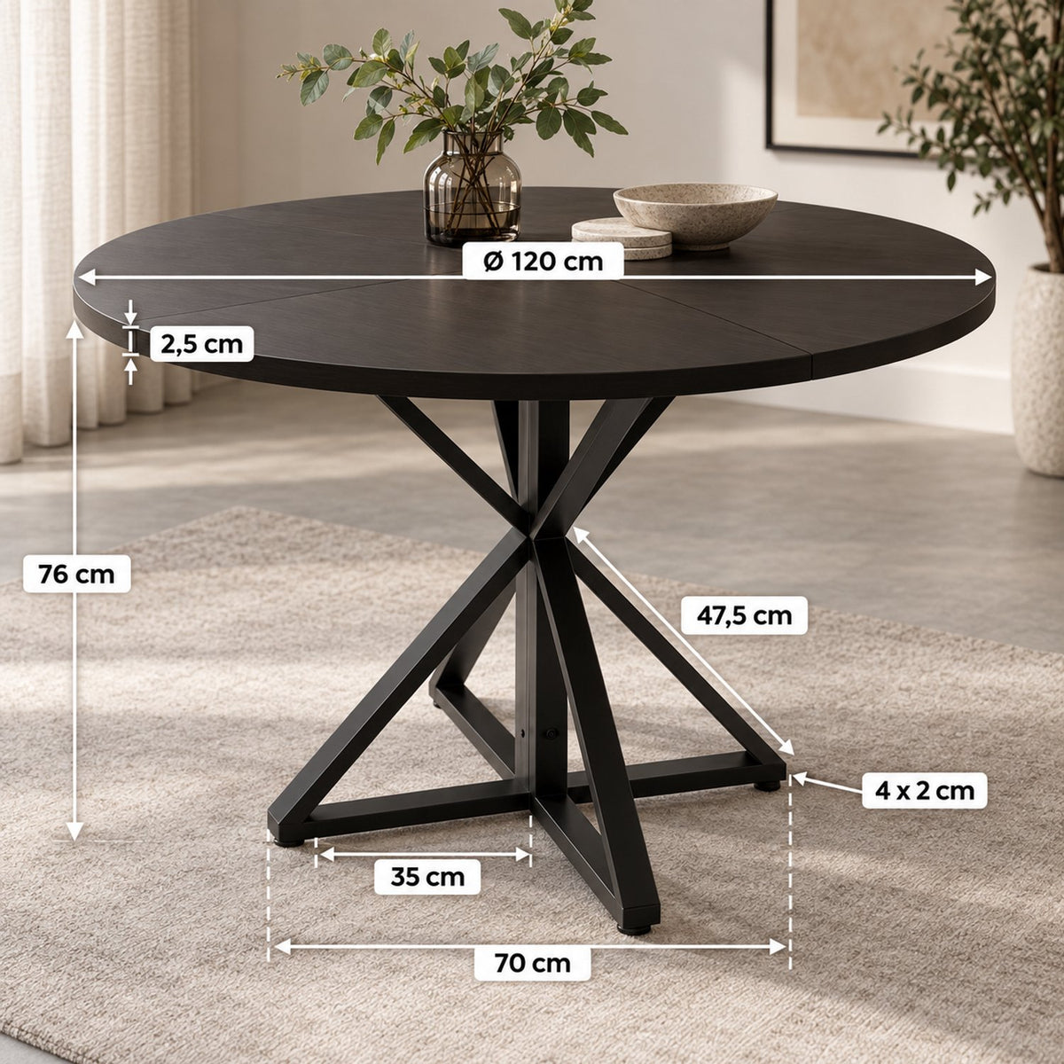 Ronde Eettafel - Ø120 cm – Donker Houtlook – Zwart Metalen Onderstel – 76 cm Hoog – Moderne Industriële Eettafel