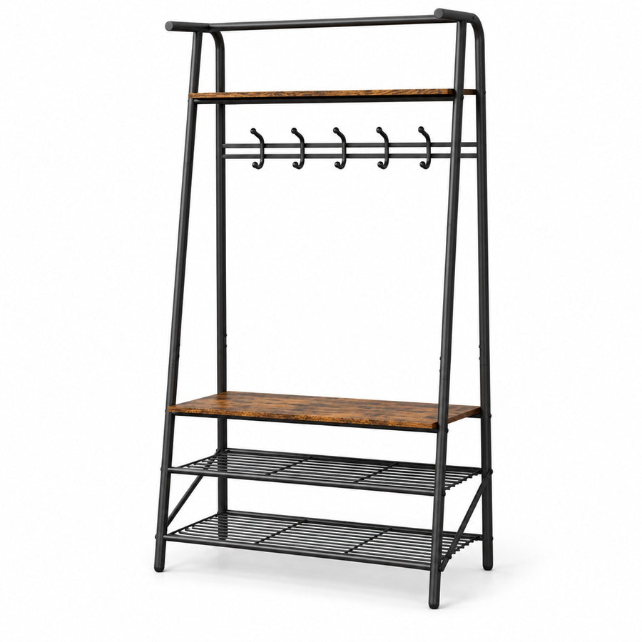 Schoenenbank - Garderoberek met Bankje – 100 cm – Kapstok met 10 Haken & 2 Schoenenrekken – Zitbank tot 160 kg – Voor Hal en Gang - Bruin/Zwart