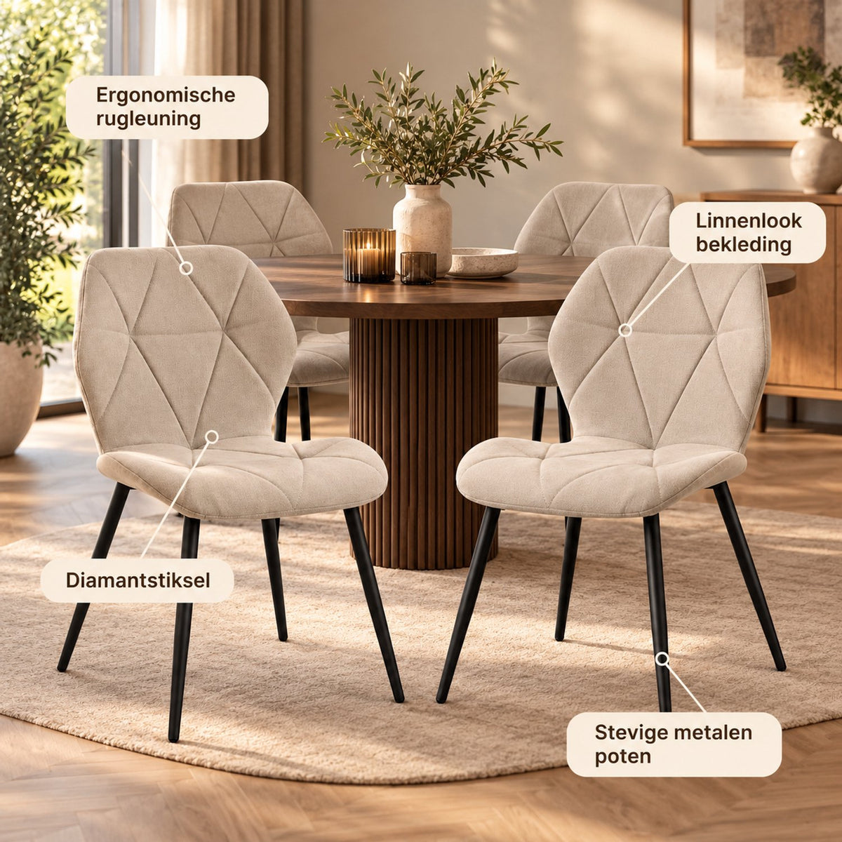 Eetkamerstoelen – Set van 4 – Ergonomisch – Metalen Poten – Beige