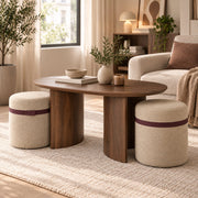 Salontafel - 108 cm - Ovaal - Inclusief 2 Gestoffeerde Poefs - Walnoot Houtlook - Space-Saving Koffietafel Set