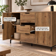 Dressoir – 120x40x76 cm – Donker Eiken – Industrieel Opbergkast met 3 Lades & 2 Deuren