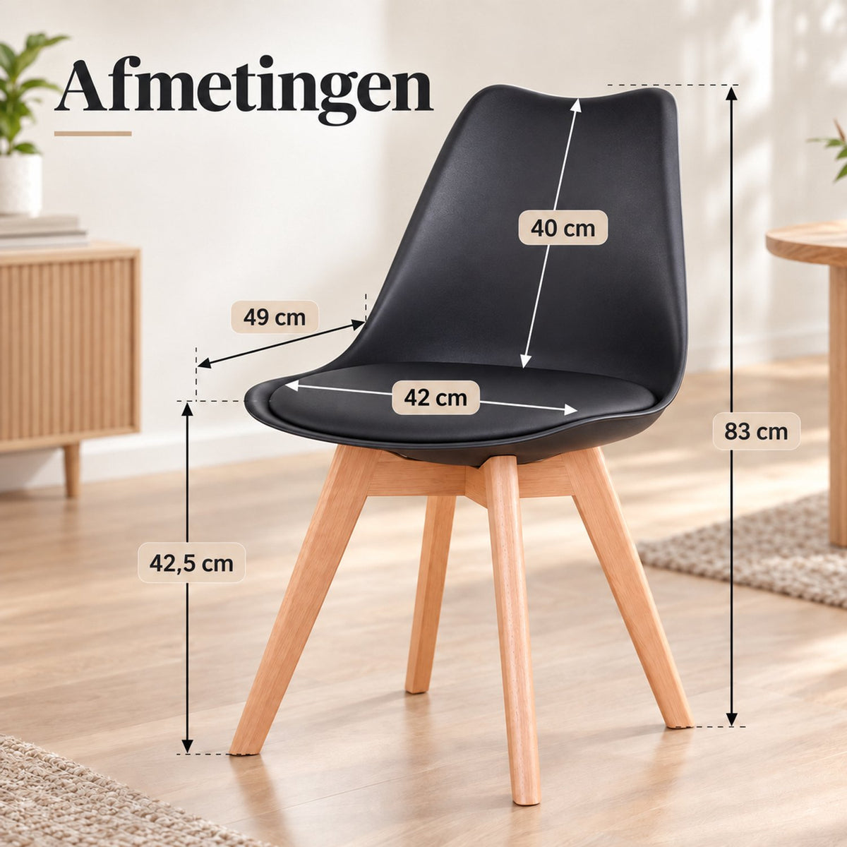 Eetkamerstoelen Set van 4 - Scandinavische Kuipstoelen - Houten Poten - Met Zitkussen - Moderne Eetkamerstoel – Zwart