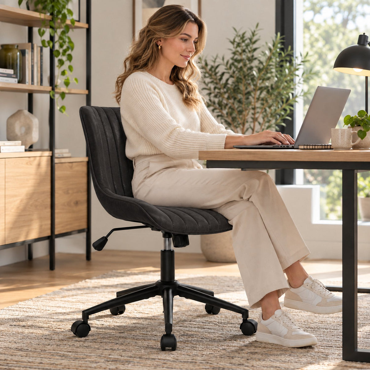 Bureaustoel - 360° Draaibaar – Gestoffeerde Design Stoel met Gegolfde Rugleuning – Compacte Thuiswerkstoel – 60 x 63 x 79 cm – Zwart