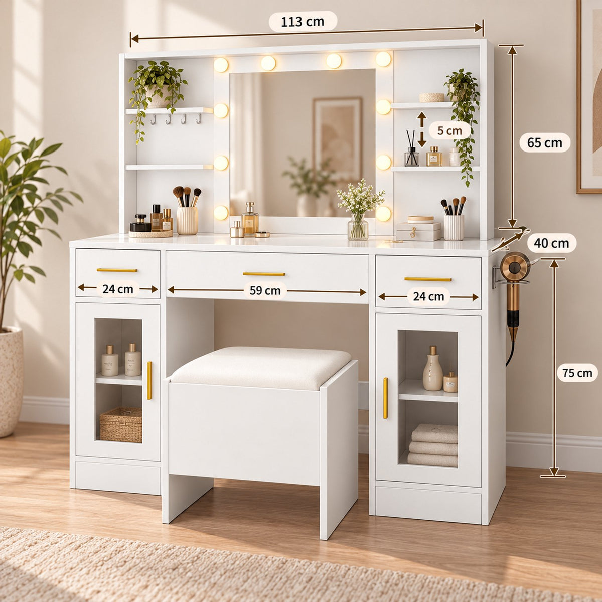 Kaptafel met Spiegel LED-Verlichting – Make-up Tafel met 8 Laden – Ingebouwd Stopcontact & USB – Met Föhn-Houder – 113 x 40 x 140 cm – Wit