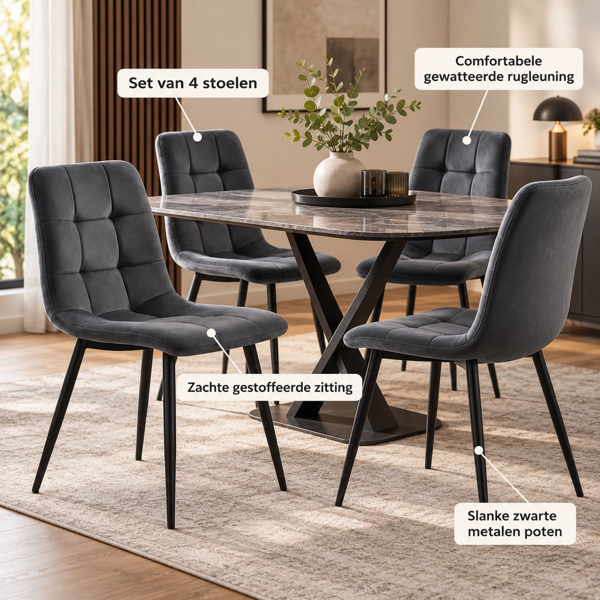 Eetkamerstoelen Set van 4 - Gestoffeerde Stoelen - Gewatteerde Rugleuning - Zwarte Metalen Poten - Grijs