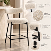 Barstoelen Set van 2 - Bouclé - Zithoogte 66 cm - Met Rugleuning en Voetsteun - Metalen Frame - Crème