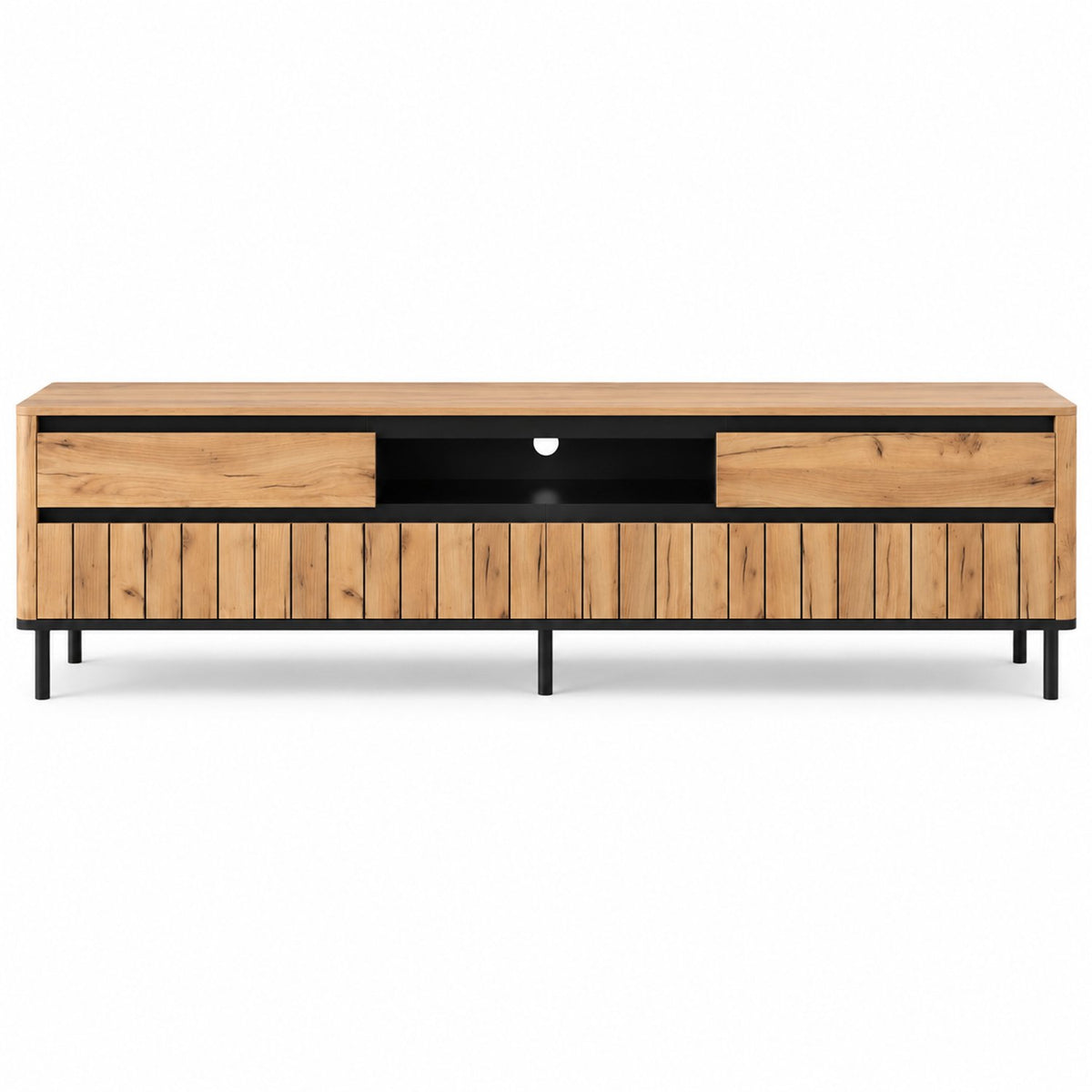 TV Meubel 180 cm – Met 2 Lades & 2 Klapdeuren – Hout & Zwart Metaal – Eiken Look