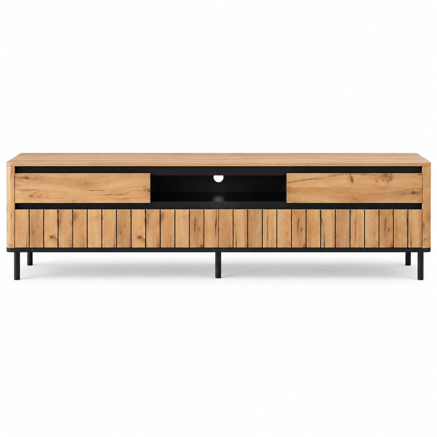 TV Meubel 180 cm – Met 2 Lades & 2 Klapdeuren – Hout & Zwart Metaal – Eiken Look
