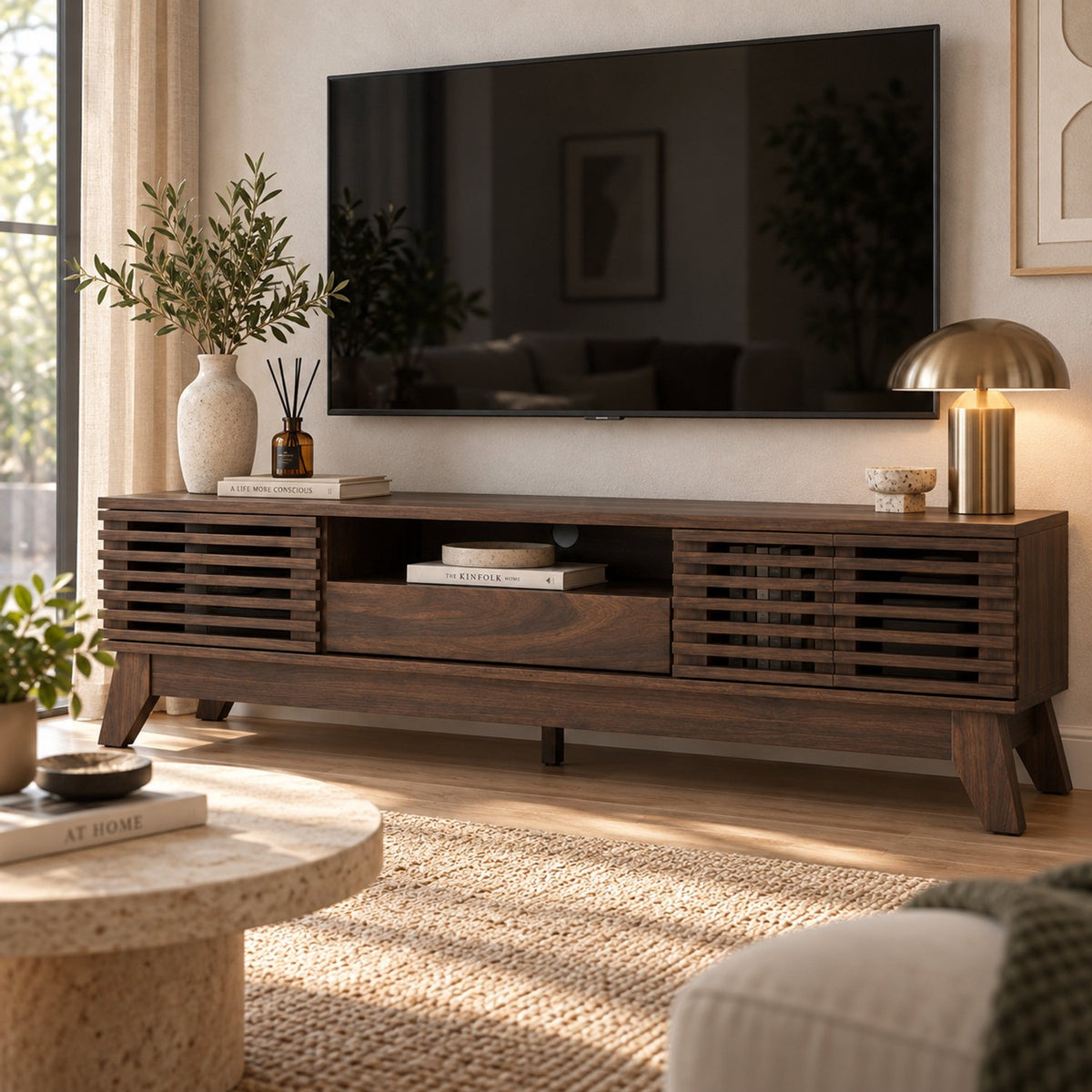 TV Meubel - Met Lattenstructuur – 170 cm – Walnoot