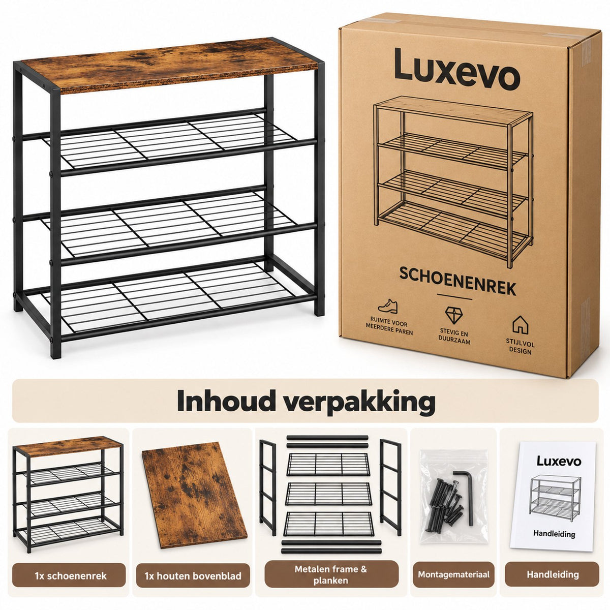 Schoenenrek 3-Laags - Schoenenkast met Houten Bovenblad - Metalen Schoenenrek - 63 x 30 x 63 cm - Industrieel Bruin/Zwart