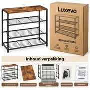 Schoenenrek 3-Laags - Schoenenkast met Houten Bovenblad - Metalen Schoenenrek - 63 x 30 x 63 cm - Industrieel Bruin/Zwart