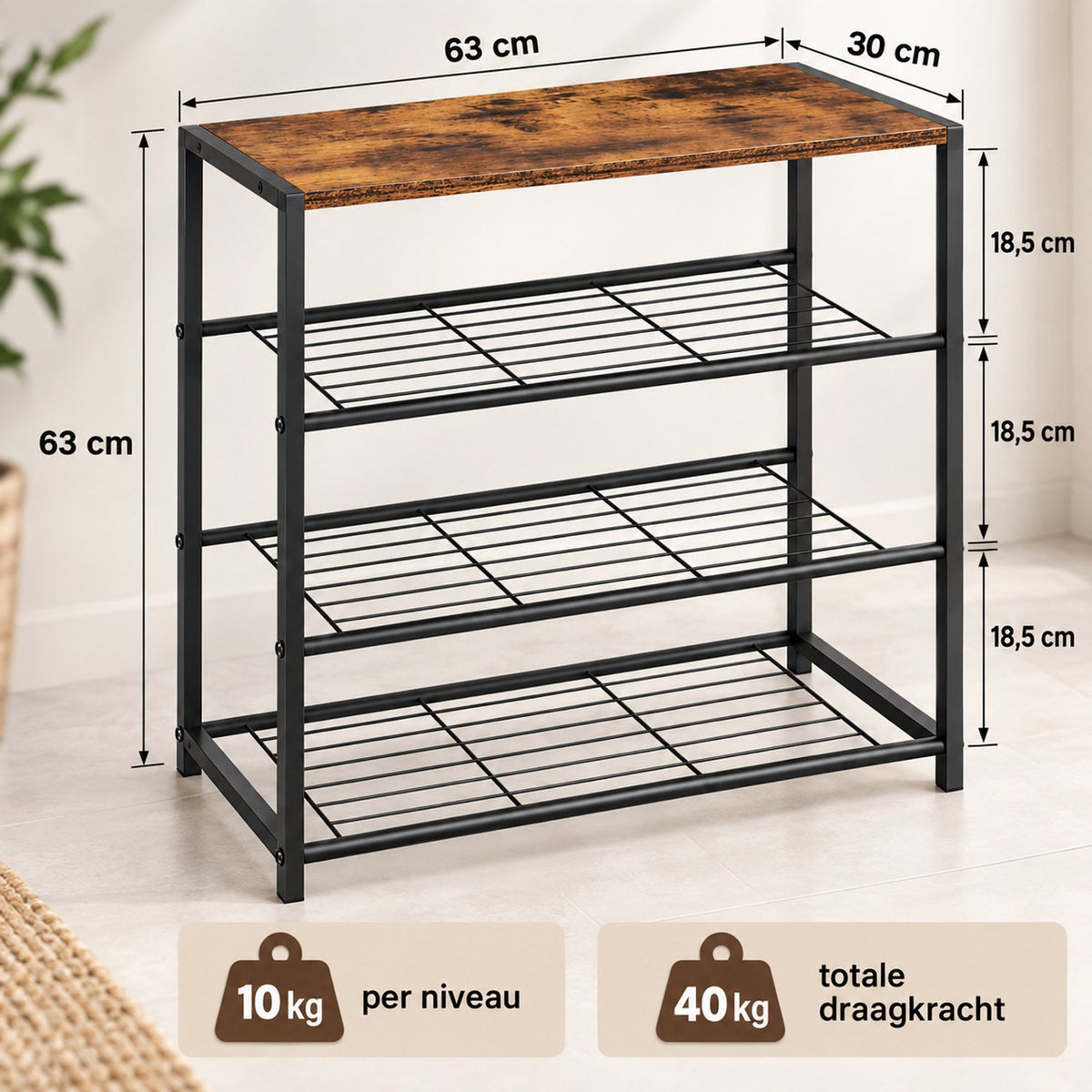 Schoenenrek 3-Laags - Schoenenkast met Houten Bovenblad - Metalen Schoenenrek - 63 x 30 x 63 cm - Industrieel Bruin/Zwart