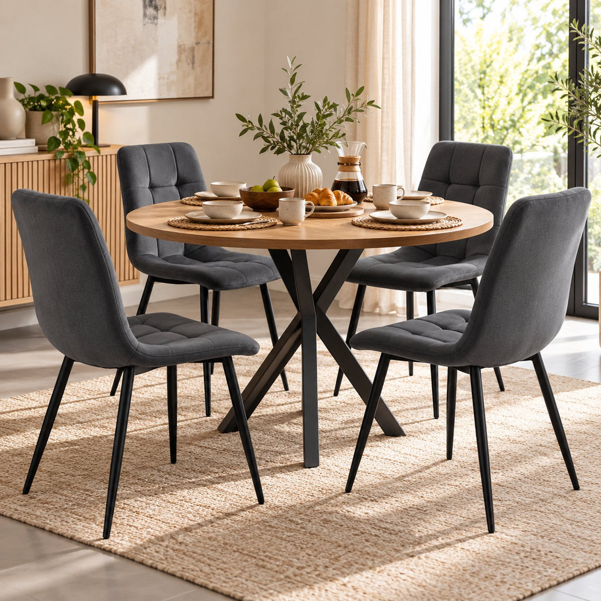 Eetkamerstoelen Set van 4 - Gestoffeerde Stoelen - Gewatteerde Rugleuning - Zwarte Metalen Poten - Grijs