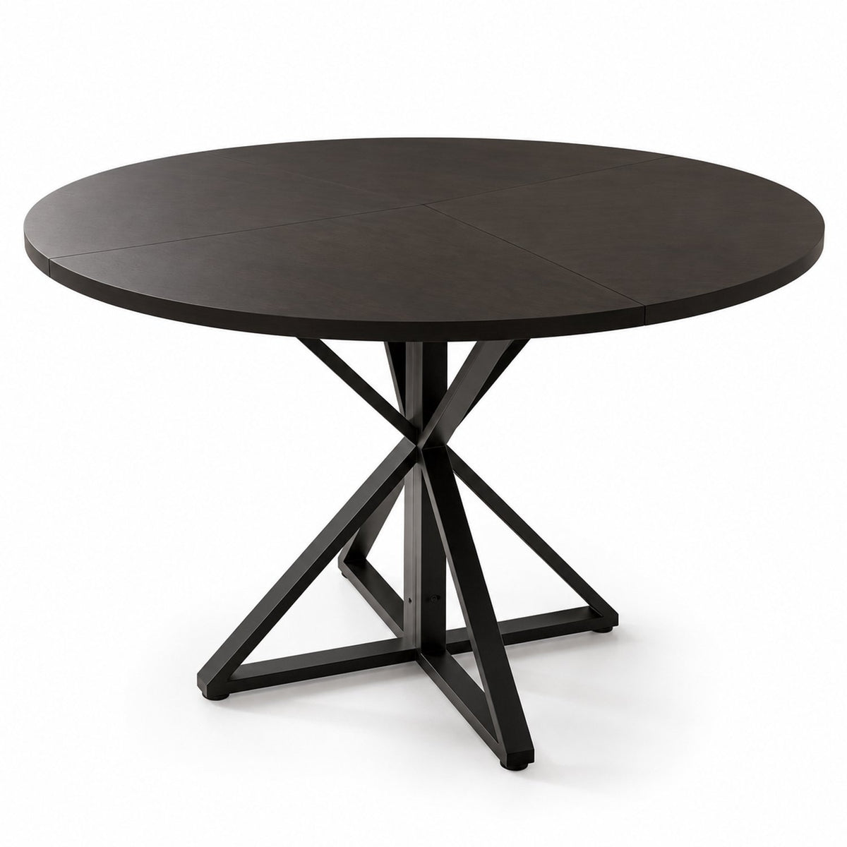 Ronde Eettafel - Ø120 cm – Donker Houtlook – Zwart Metalen Onderstel – 76 cm Hoog – Moderne Industriële Eettafel