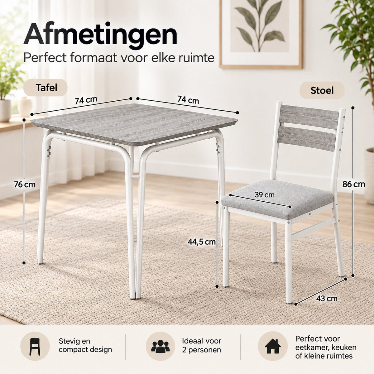 Eetkamerset voor 2 Personen – Compacte Keukentafel met 2 Stoelen – Ruimtebesparend – Wit Houtlook