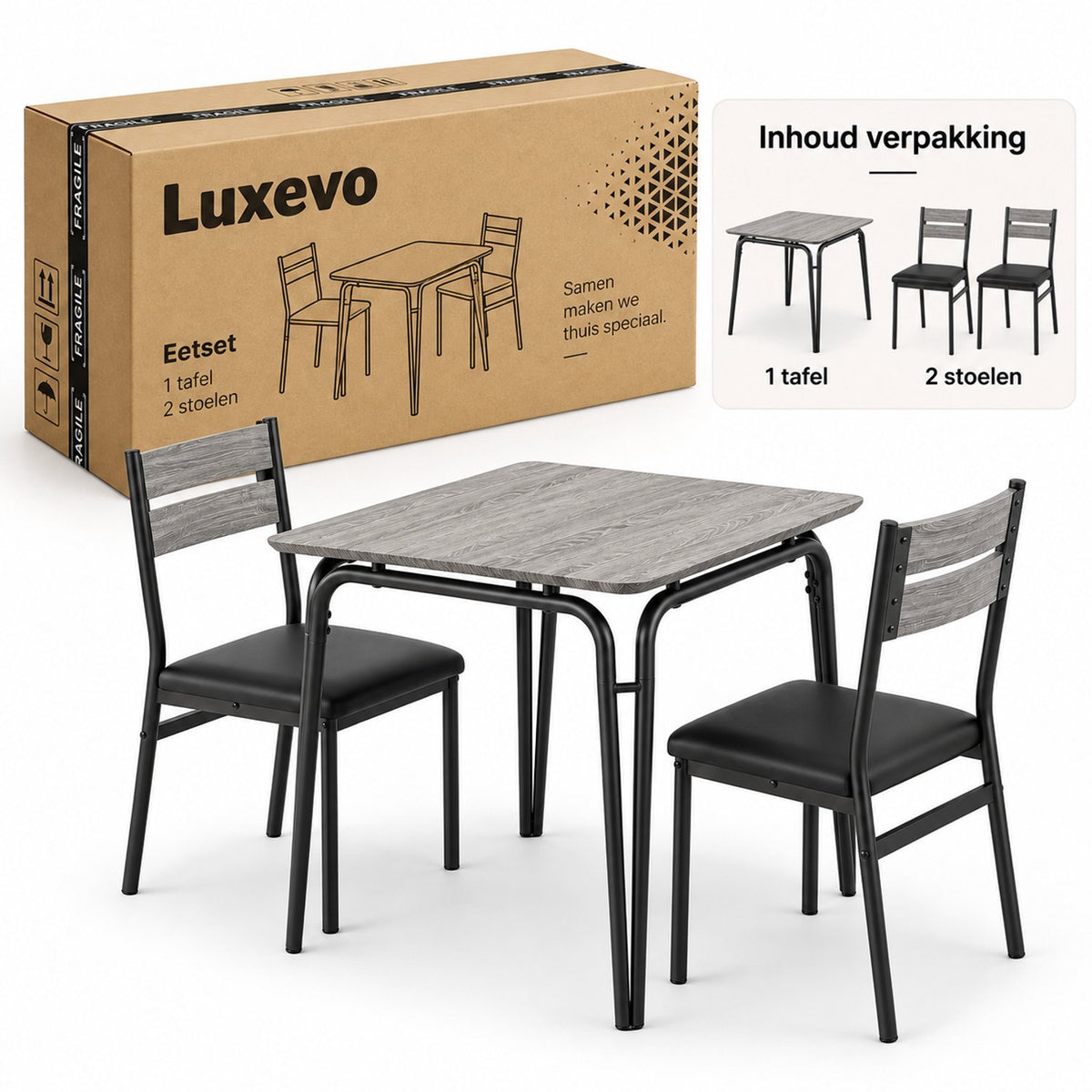 Eetkamerset voor 2 Personen – Compacte Keukentafel met 2 Stoelen – Ruimtebesparend – Zwart Houtlook