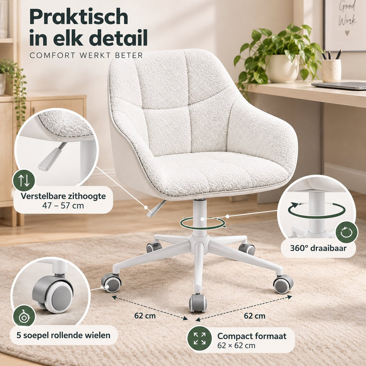 Bureaustoel – Bouclé/Sherpa – Draaibare Bureaustoel met Wielen – In Hoogte Verstelbaar – Kuipstoel – Wit