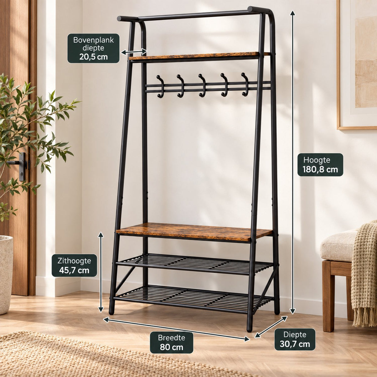 Schoenenbank - Garderoberek met Bankje – 100 cm – Kapstok met 10 Haken & 2 Schoenenrekken – Zitbank tot 160 kg – Voor Hal en Gang - Bruin/Zwart