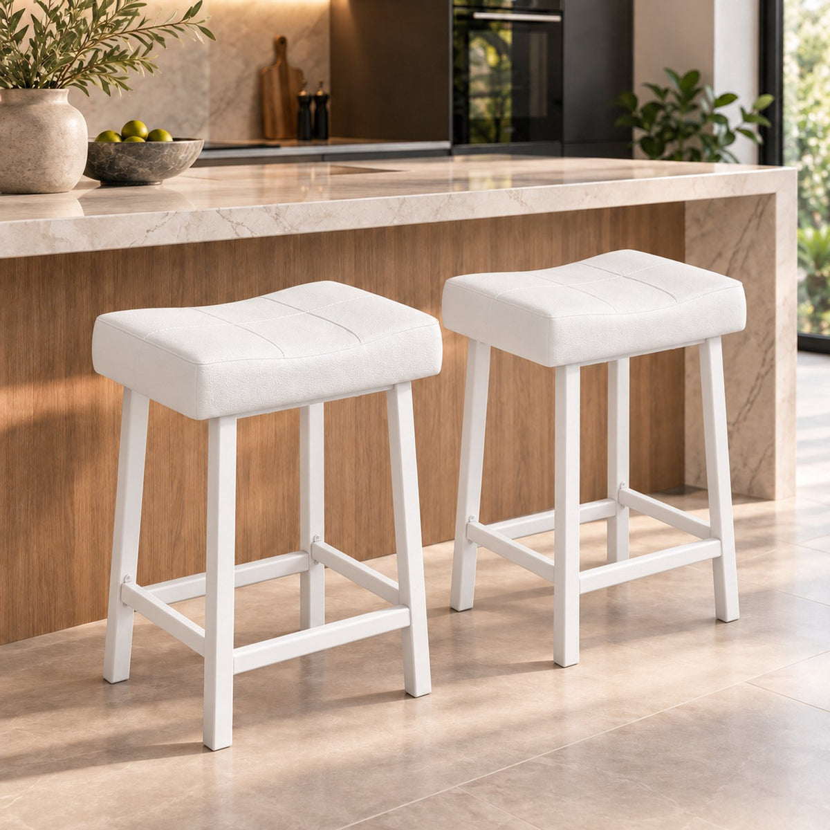 Barkrukken Set van 2 - 61 cm - Kunstleer - Met Voetensteun - Wit