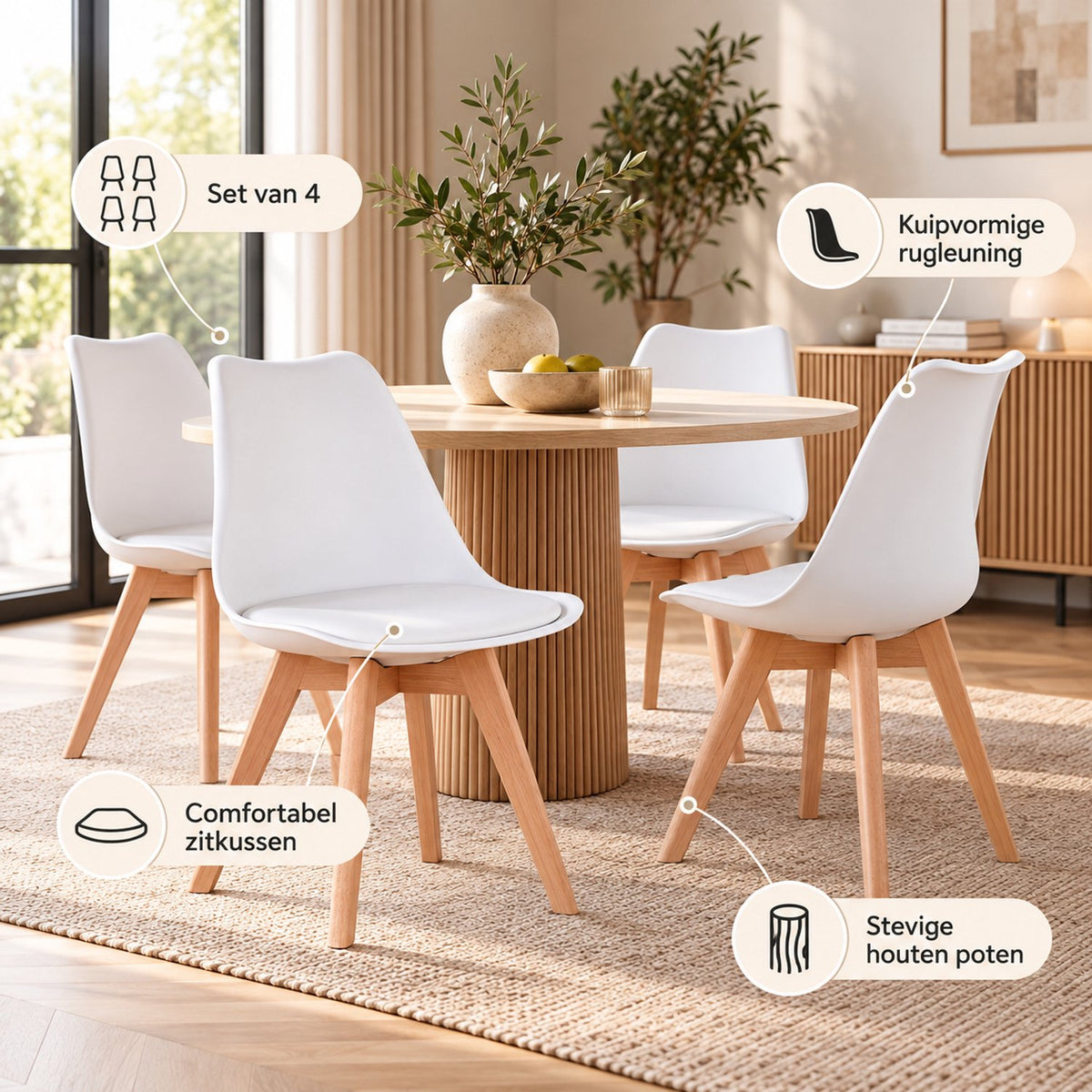Eetkamerstoelen Set van 4 - Scandinavische Kuipstoelen - Houten Poten - Met Zitkussen - Moderne Eetkamerstoel – Wit
