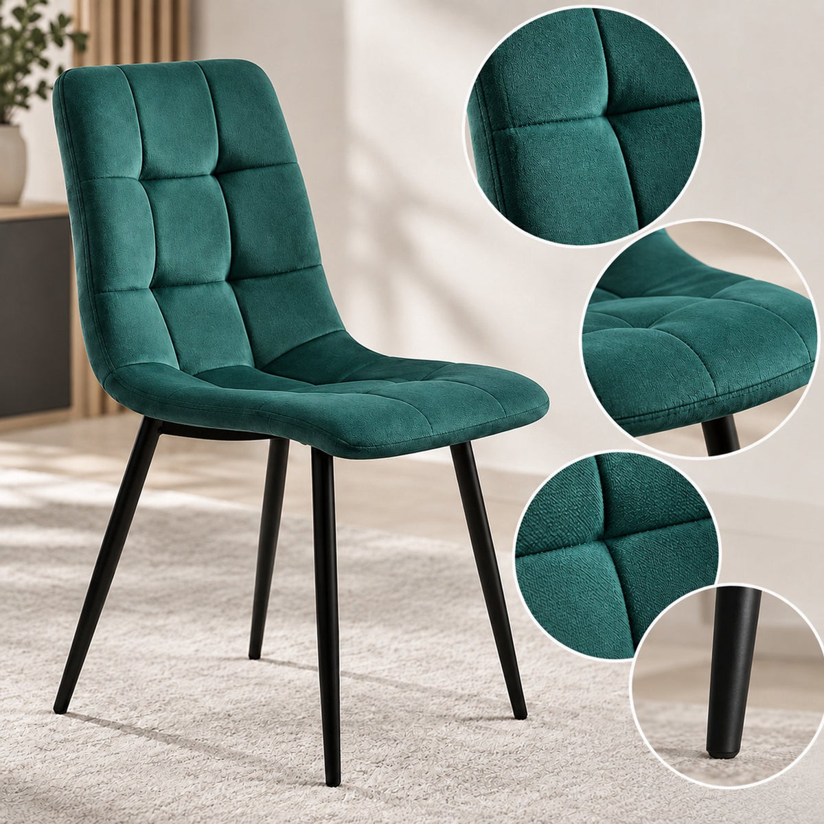 Eetkamerstoelen Set van 4 - Gestoffeerde Stoelen - Gewatteerde Rugleuning - Zwarte Metalen Poten - Donkergroen