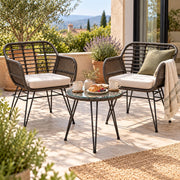 Bistroset 3 delig – 2 Rotan Tuinstoelen met Zitkussens & Tafel met Glazen Blad – Weerbestendige Balkonset – Grijs