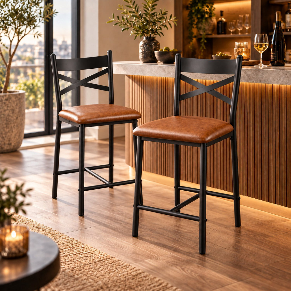 Barstoelen Set van 2 - Zithoogte 66 cm - PU Leren Zitting - Met Rugleuning en Voetsteun - Metalen Frame - Bruin