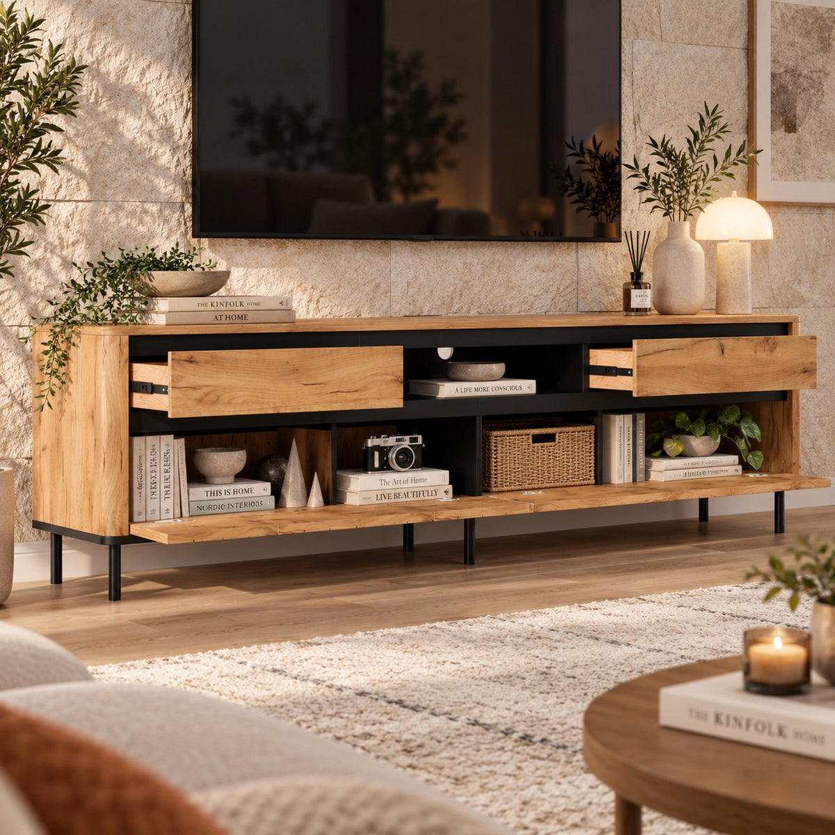 TV Meubel 180 cm – Met 2 Lades & 2 Klapdeuren – Hout & Zwart Metaal – Eiken Look
