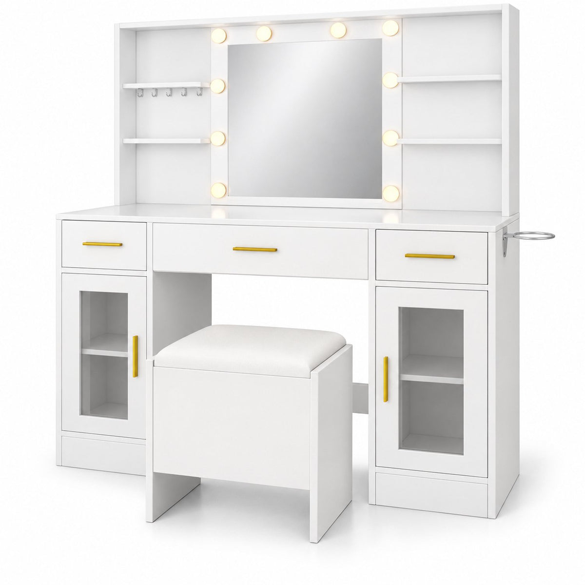 Kaptafel met Spiegel LED-Verlichting – Make-up Tafel met 8 Laden – Ingebouwd Stopcontact & USB – Met Föhn-Houder – 113 x 40 x 140 cm – Wit