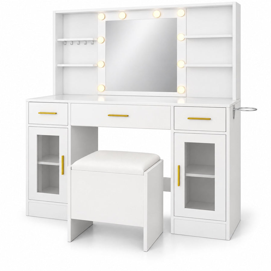 Kaptafel met Spiegel LED-Verlichting – Make-up Tafel met 8 Laden – Ingebouwd Stopcontact & USB – Met Föhn-Houder – 113 x 40 x 140 cm – Wit