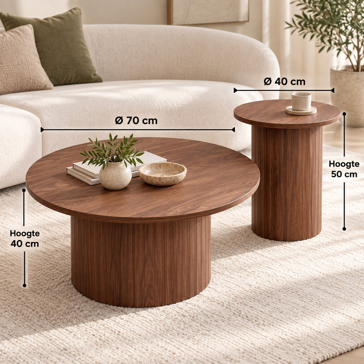 Salontafel Set van 2 – Ronde Nesttafels – Ø70 cm & Ø40 cm – MDF – Moderne Woonkamertafels – Bijzettafel & Salontafel - Walnoot