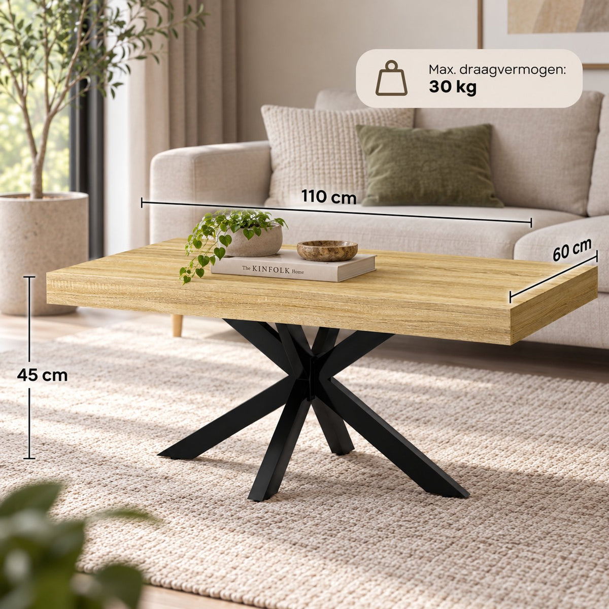 Salontafel - 110 cm - Rechthoek - Industrieel Design - Koffietafel met Zwart Kruisframe - Houtlook Tafelblad