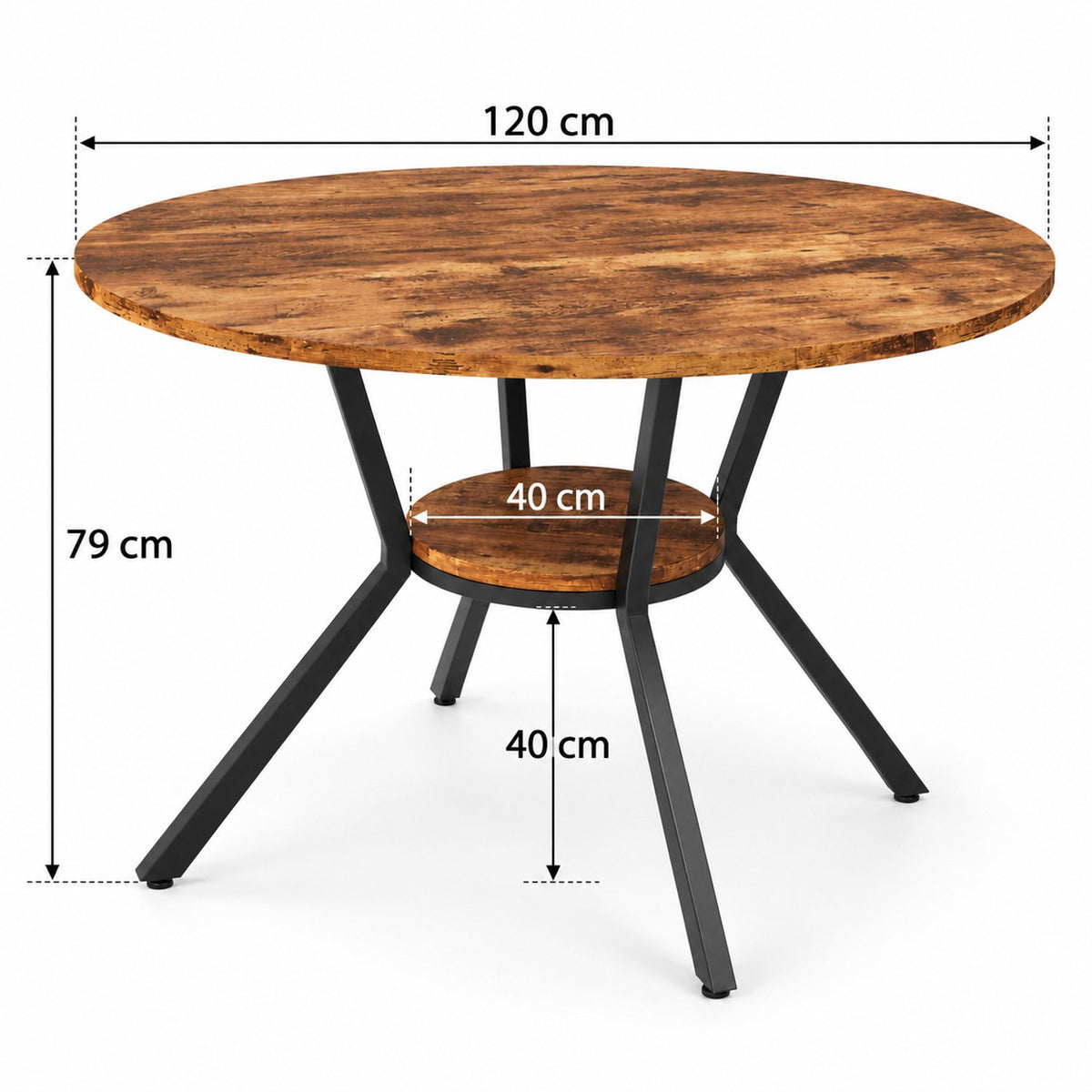Ronde Eettafel - Ø 120 cm - Met Opbergvak - 4-6 Personen - Metalen Onderstel - Industrieel & Modern - Houtlook
