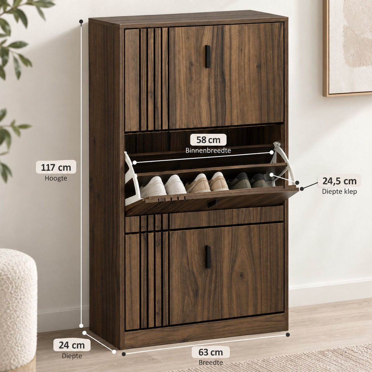 Schoenenkast – Schoenenrek voor 18 Paar – Ruimtebesparend – 117 x 24 x 63 cm – Donker Walnoot
