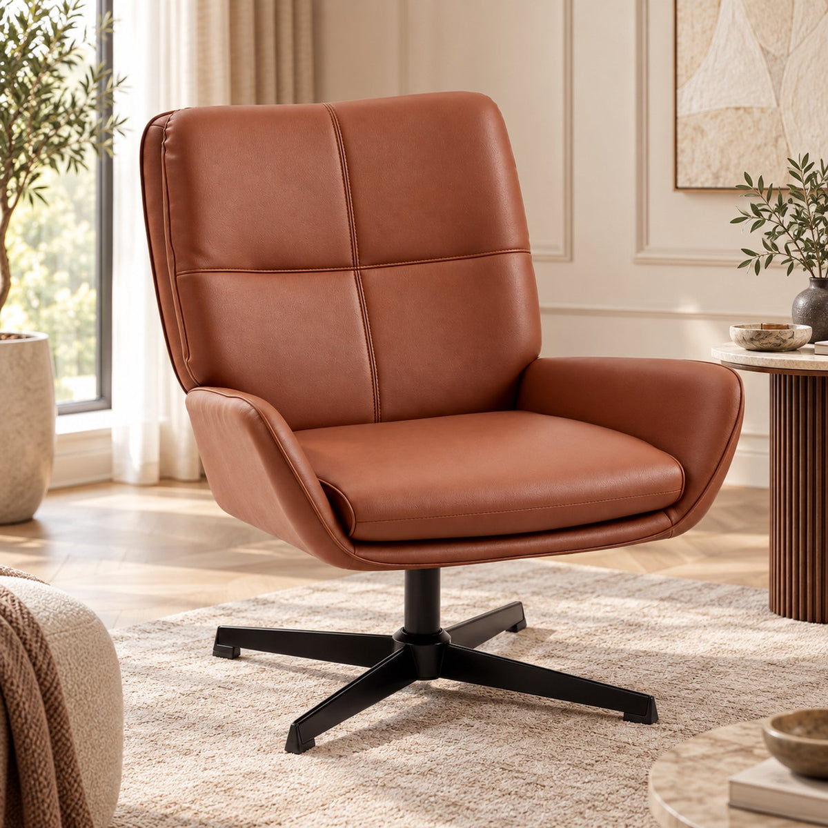 Fauteuil – 360° Draaibaar – PU Leer – Draaistoel met Armleuningen - Bruin