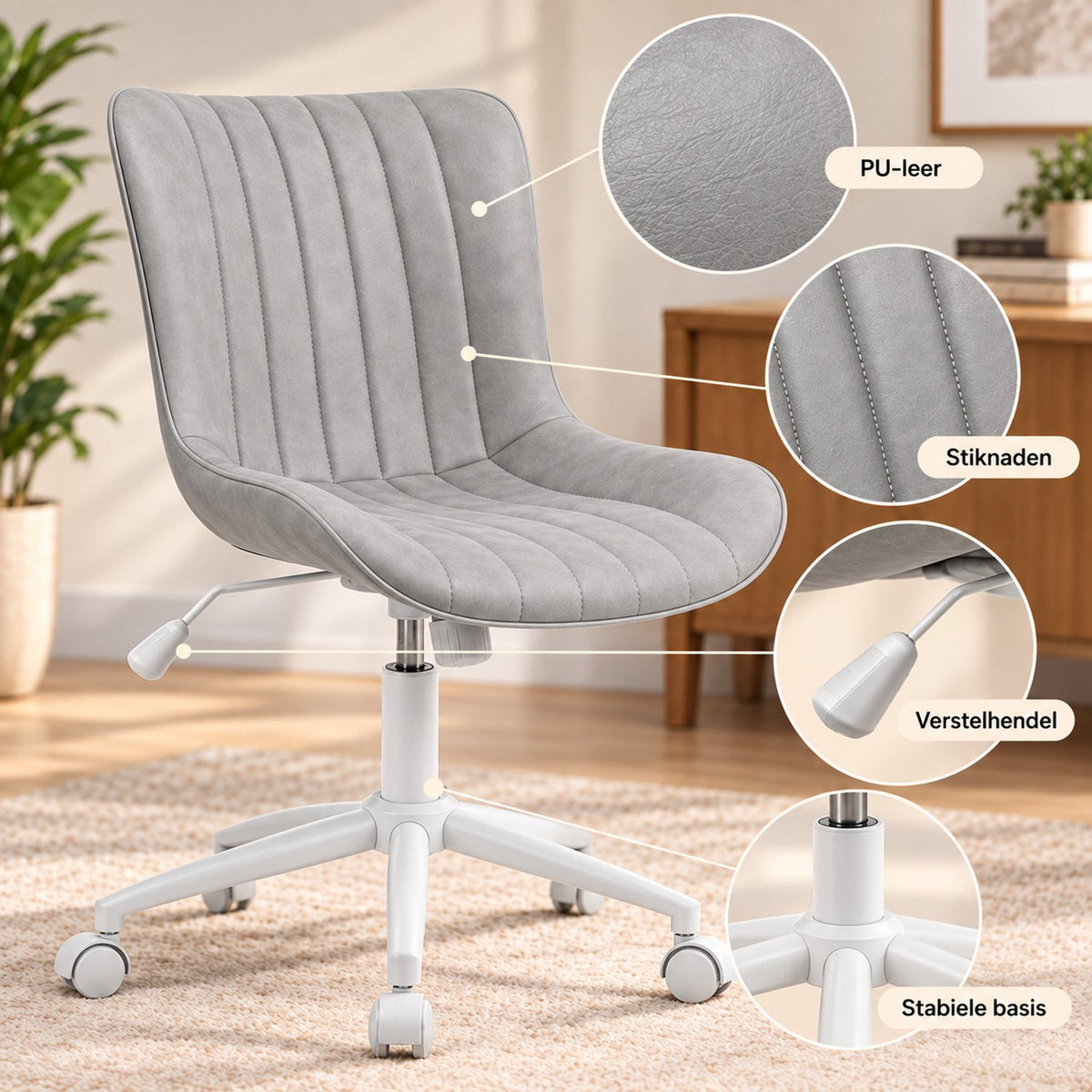Bureaustoel - 360° Draaibaar – Gestoffeerde Design Stoel met Gegolfde Rugleuning – Compacte Thuiswerkstoel – 60 x 63 x 79 cm – Grijs