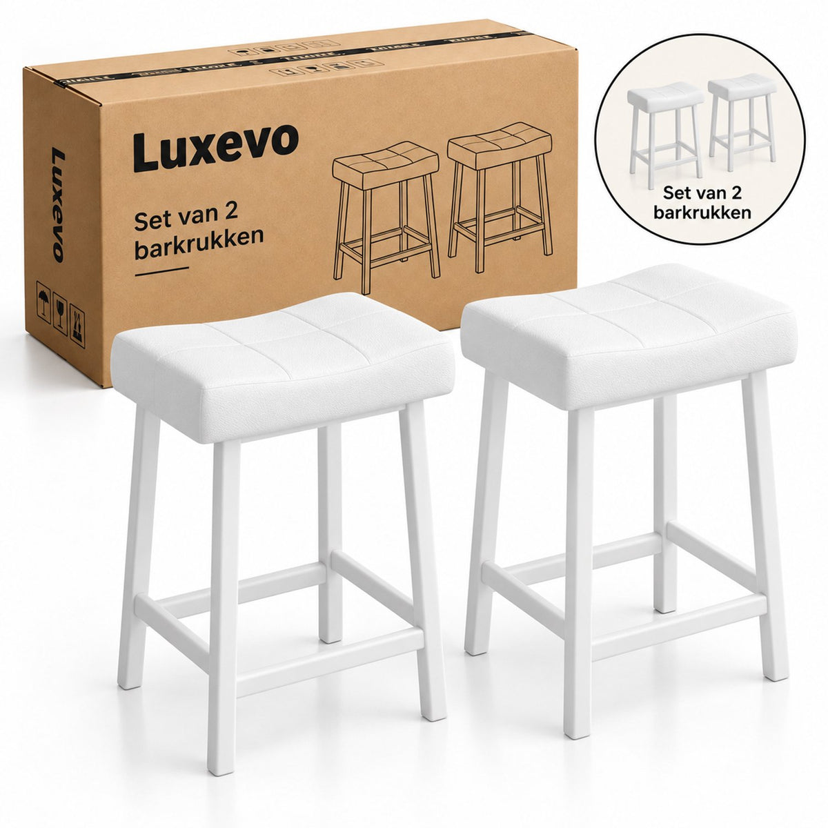 Barkrukken Set van 2 - 61 cm - Kunstleer - Met Voetensteun - Wit