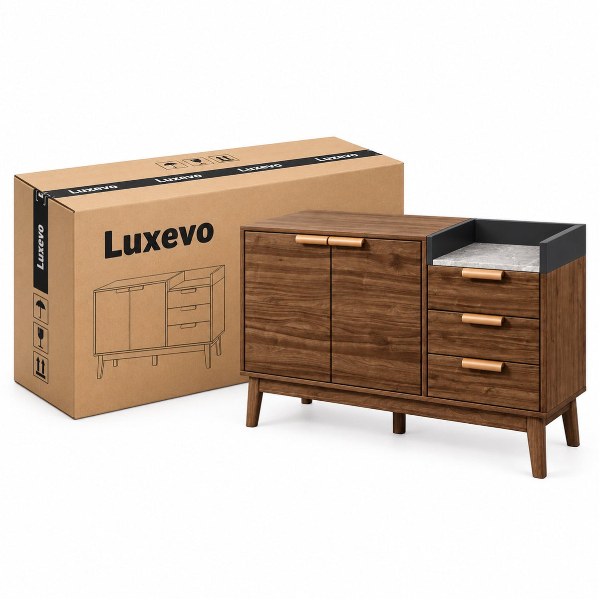 Dressoir – Opbergkast Eiken met Marmerlook Blad – 120 cm – 3 Laden & 2 Deuren – Verstelbare Planken – Massief Houten Poten – Mid-Century Sideboard