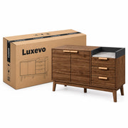 Dressoir – Opbergkast Eiken met Marmerlook Blad – 120 cm – 3 Laden & 2 Deuren – Verstelbare Planken – Massief Houten Poten – Mid-Century Sideboard