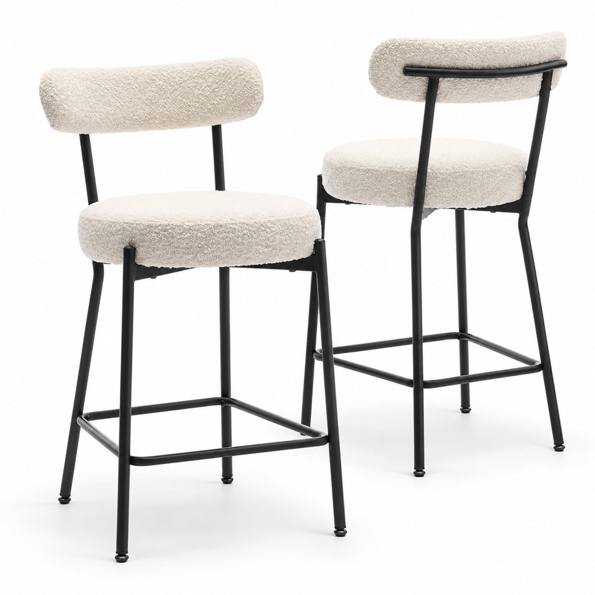 Barstoelen Set van 2 - Bouclé - Zithoogte 66 cm - Met Rugleuning en Voetsteun - Metalen Frame - Crème