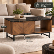 Salontafel - Woonkamertafel met Opbergruimte - 2 Deuren en Open Vak - Marmerlook & Walnoot - Metalen Frame - 100 x 45,7 cm