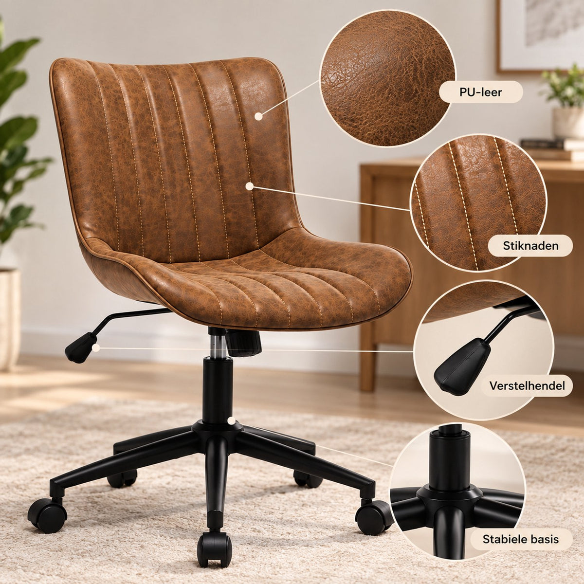 Bureaustoel - 360° Draaibaar – Gestoffeerde Design Stoel met Gegolfde Rugleuning – Compacte Thuiswerkstoel – 60 x 63 x 79 cm – Bruin