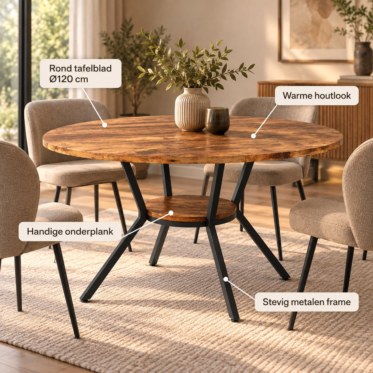 Ronde Eettafel - Ø 120 cm - Met Opbergvak - 4-6 Personen - Metalen Onderstel - Industrieel & Modern - Houtlook