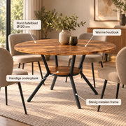 Ronde Eettafel - Ø 120 cm - Met Opbergvak - 4-6 Personen - Metalen Onderstel - Industrieel & Modern - Houtlook